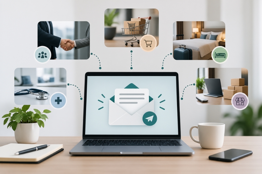 Laptop displaying an email marketing campaign surrounded by business, e-commerce, hospitality and healthcare icons.