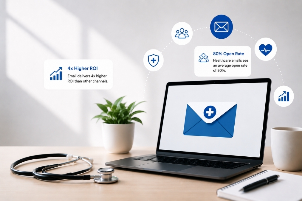 Healthcare and medical email marketing campaign illustration showing patient communication, healthcare outreach, and digital engagement services.