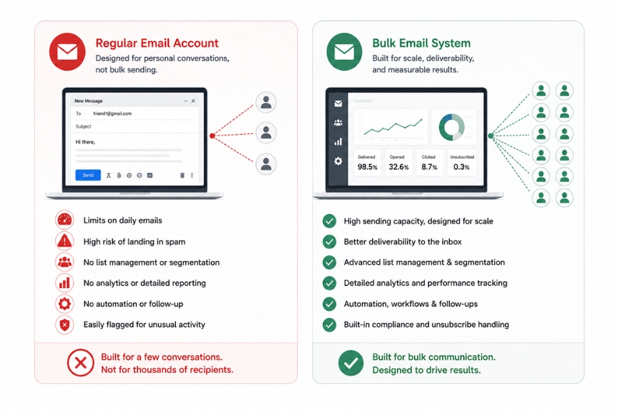 Infographics showing why a regular email account is not a bulk email system